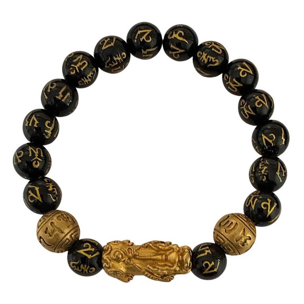 Feng Shui Black Obsidian Pixiu Wealth Bracelet Mantra Beads